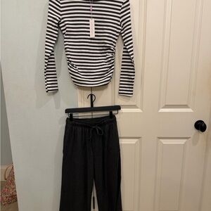 Striped charcoal grey and white Long Sleeve Top with charcoal Pants